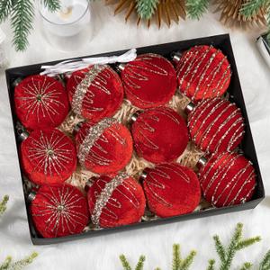 3.15 Inch Velvet Christmas Tree Ornaments12 Pcs Christmas Balls Bulk Set with Golden Hand-Painted PatternPlastic Shatterproof Xmas Hanging Ornaments Decorations for Tree Garland(Red)