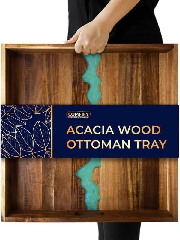 Comfify Extra Large (22") Square Premium Blue River Resin Acacia Wood Ottoman Tray with Handles - Serve Food in Style for Dinner, Breakfast, Snacks, BBQ, Entertaining Guests & More