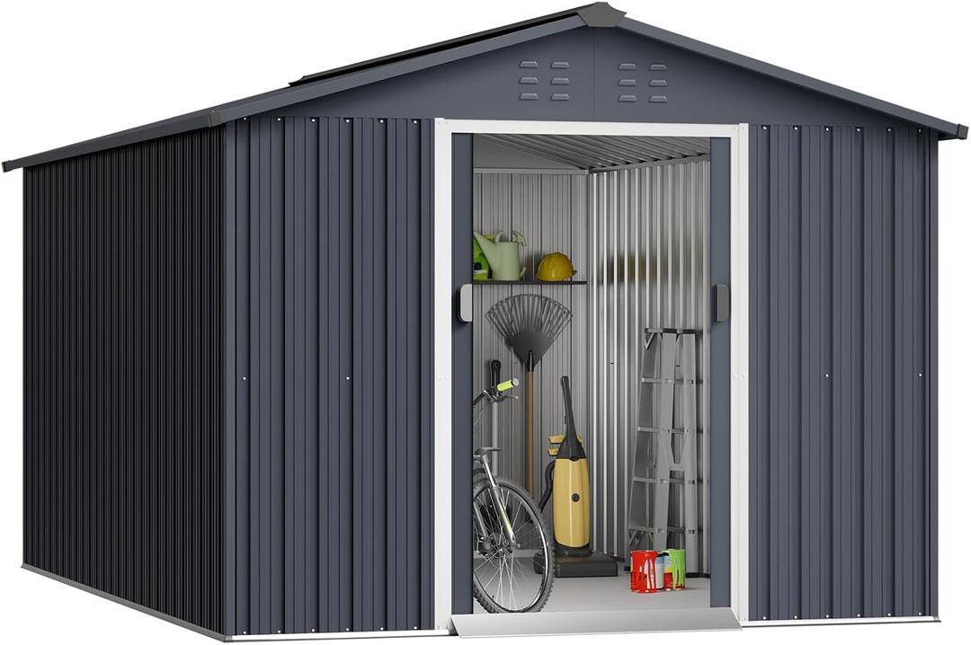 Acekool Outdoor Storage Shed 8x15 Ft & Large Storage Space, Utility Metal Storage Shed with Lockable Sliding Door and Vent, Garden Tool Shed for Organising Tools and Equipment in Yard, Garden, Grey