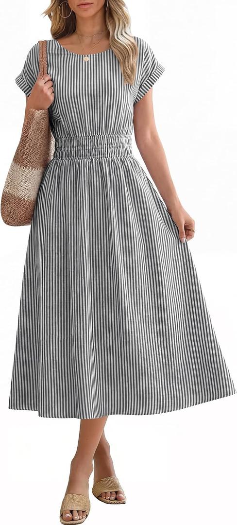 ANRABESS Womens Summer Midi Dress Striped Casual Short Sleeve Crewneck Empire Waist 2026 Flowy Long Beach Dress with Pockets XL