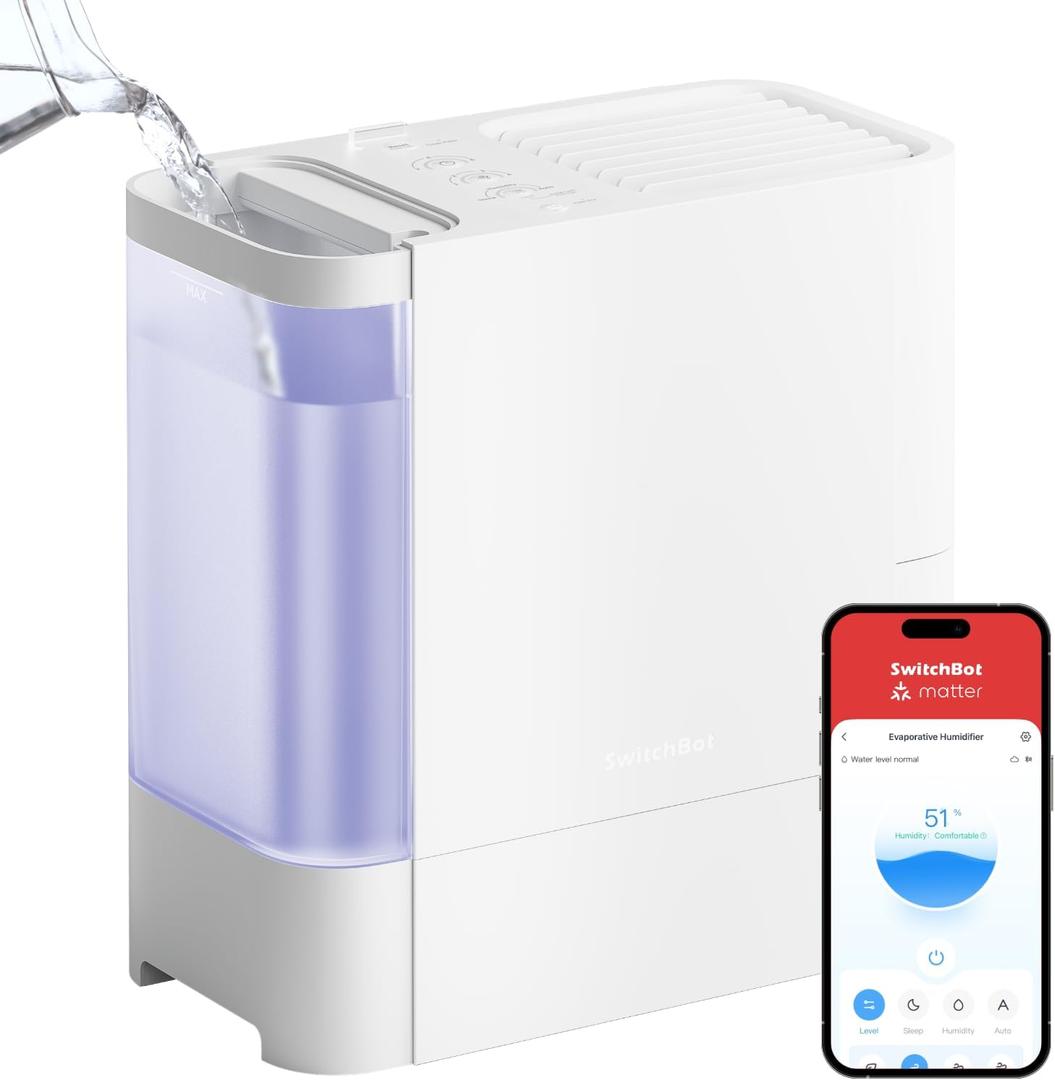 SwitchBot Evaporative Humidifier for Bedroom 4.5L, 750ml/h, No Mist, No White Dust, Tap Water Fillable, Top Fill, Washable Filter, for Baby, Nursery, Plants, Indoor, Work with Matter, HomeKit, Alexa