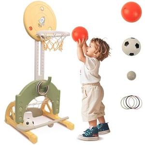 hoopyosms 4-in-1 Toddler Basketball Hoop Adjustable Height Indoor Outdoor Sports Center for Kids Aged 1-3 Basketball, Soccer, Hockey & Ring Toss, Yellow and Green