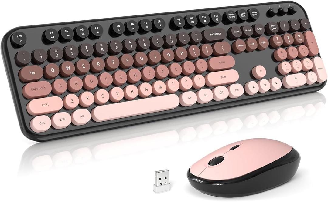 Wireless Keyboard and Mouse, SQMD Colorful Typewriter Retro Keyboard with Round Keycaps, 2.4GHz USB Full-Size Keyboard and Mouse Set for Mac PC Desktop Laptop-BlackBerry Gradient