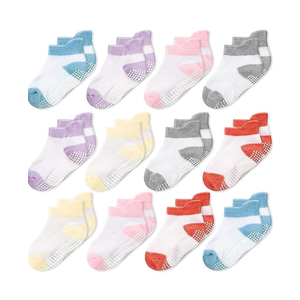 CozyWay Baby & Toddler Socks with Grippers Non Slip Ankle Grip Socks For Boys and Girls Babies - Comfy Soft Cotton - 12 Pack Color: White Multicolor, Size: 6-12 M
