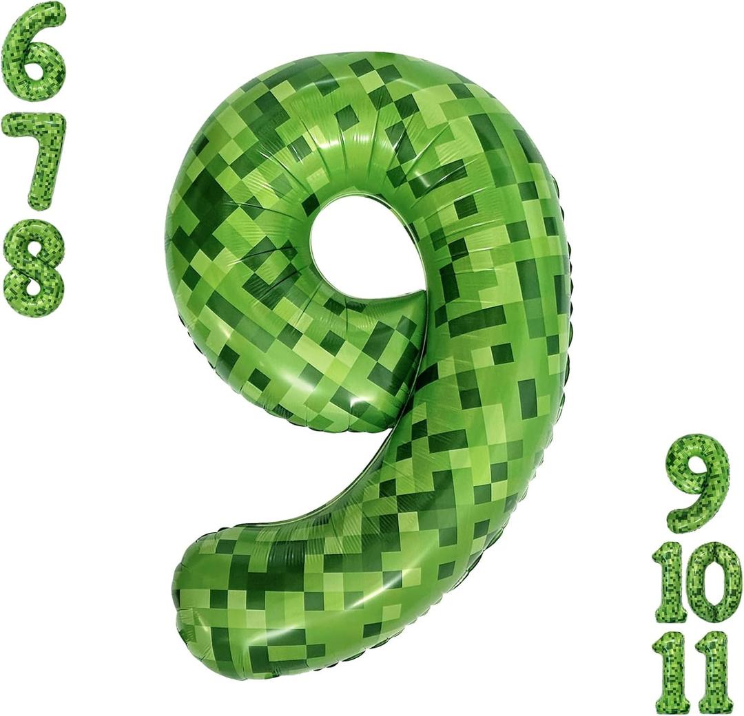 5 x Video Game Number 9 Balloon Different shades of Green Number Balloons for Game Birthday Decorations, Pixel Game Party Supplies 9 Number Balloon