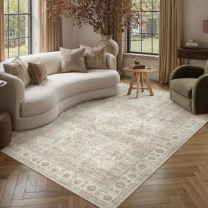 PureCozy 6x9 Beige Area Rug for Living Room,Non-Slip Backing Washable Carpet,Vintage Large Low Pile Area RugEasy Care Ideal for High Traffic Soft Carpet in Bedroom Office Coffee Table Dining Room