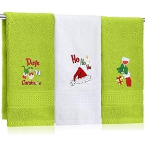 SmoothNovelty 3 Pcs Christmas Hand Towels for Bathroom Lime Green Xmas Embroidered Bathroom Towels Farmhouse Decorative 13.78 x 29.53 Inch Absorbent Soft Cotton for Kitchen Decor Gift