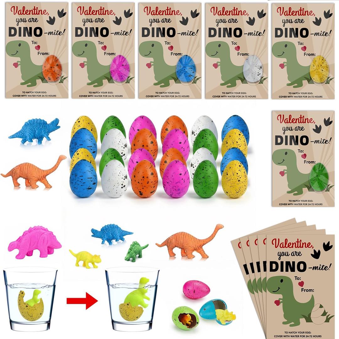 Valentines Day Gifts for Kids, 24 Pack Hatching Dinosaur Eggs Card Bulk Funny Dino Valentine Exchange Cards Novelty Toys for Boys Girls Toddler School Class Classroom Birthday Party Decorations Favors