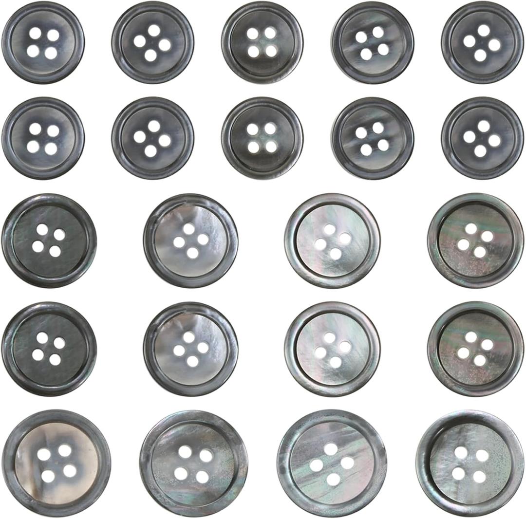 22 Pcs Mother of Pearl Shell Buttons, Natural Gray MOP Shell Buttons Bulk for Men Women 4 Hole Mother of Pearl Button (Grey, 3 Sizes: 15mm, 18mm, 20mm)