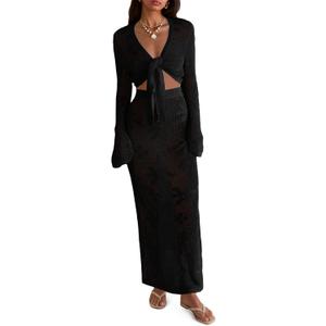 Saodimallsu Womens Crochet Swim Cover Up 2 Piece V Neck Long Sleeve Wrap Tie Crop Tops Beach Boho Maxi Coverup Set, Size: XX-Large