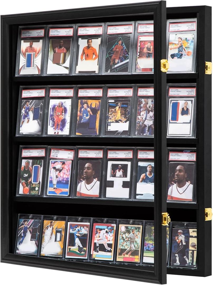 Baseball Card Display Case 24 Graded Sport Card Display Case Wall Mount with Clear View and UV Protection Acrylic Door for Baseball Football Basketball Hockey Trading Card Collection, Black
