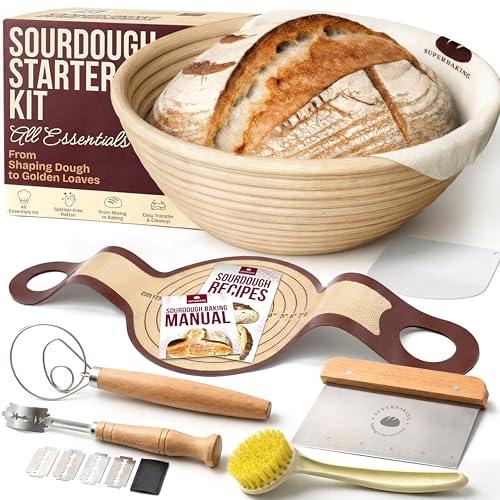 Superbaking Sourdough Starter Kit, 9" Round Banneton Bread Proofing Basket Set, Sourdough Bread Baking Supplies, Sourdough Tools with Silicone Bread Sling, Bread Making Tools, Baking Gifts