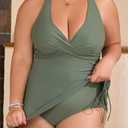 B2prity Women's Plus Size One Piece Swimdress Swimsuit Tummy Control Slimming Swim Dress Mesh Drawstring Skirted Bathing Suit (Green, XL)