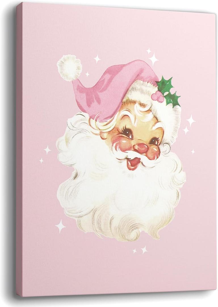 JWVK Prints Pink Vintage Preppy Trendy Christmas Santa Framed Wall Art Canvas Decor Decorations, Pink Christmas Signs Sign, 11x14