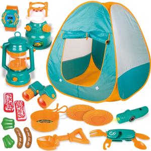 FUN LITTLE TOYS Pop Up Play Tent with Camping Gear and Tools Set, Outdoor Toys for Kids, Medium