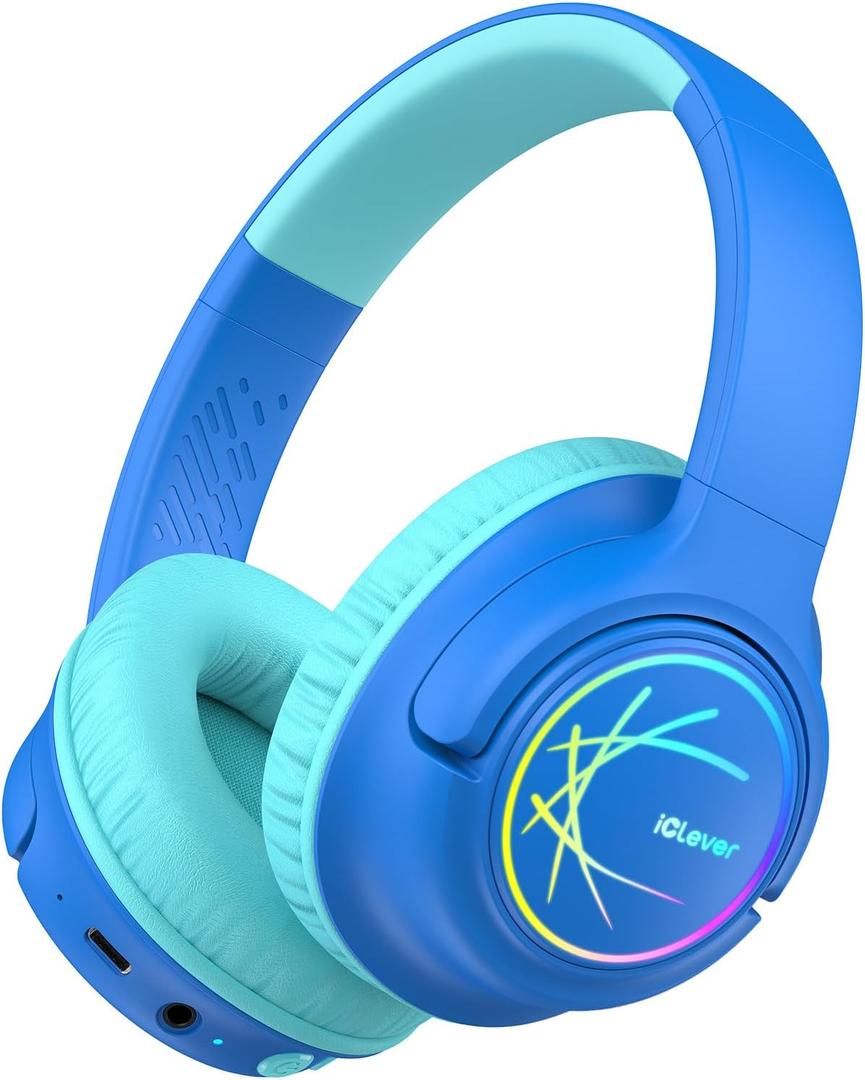 iClever Kids Bluetooth Headphones with LED Lights, 43H Playtime, Type-C Fast Charging, BTH18 Safe Volume 74/ 85dBA, Bluetooth5.3, Toddler Headphones Aux Cord for iPad/ Tablet/ Travel/ School, Blue