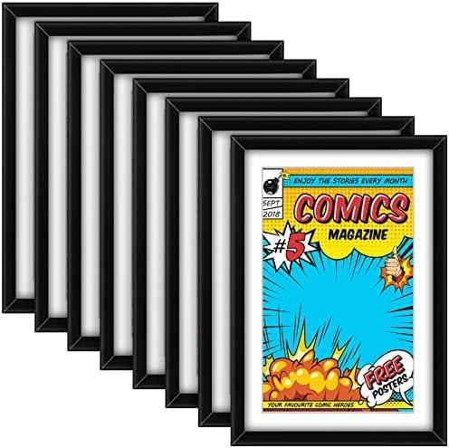 Geetery 8 Pack Comic Book Frame, UV Protection, Comic Picture Magazine Frames Fits Current up to 6 3/4 x 10 1/4, Wall or Tabletop Display with Spring Clips Installed Hangers(Black (White Mat))
