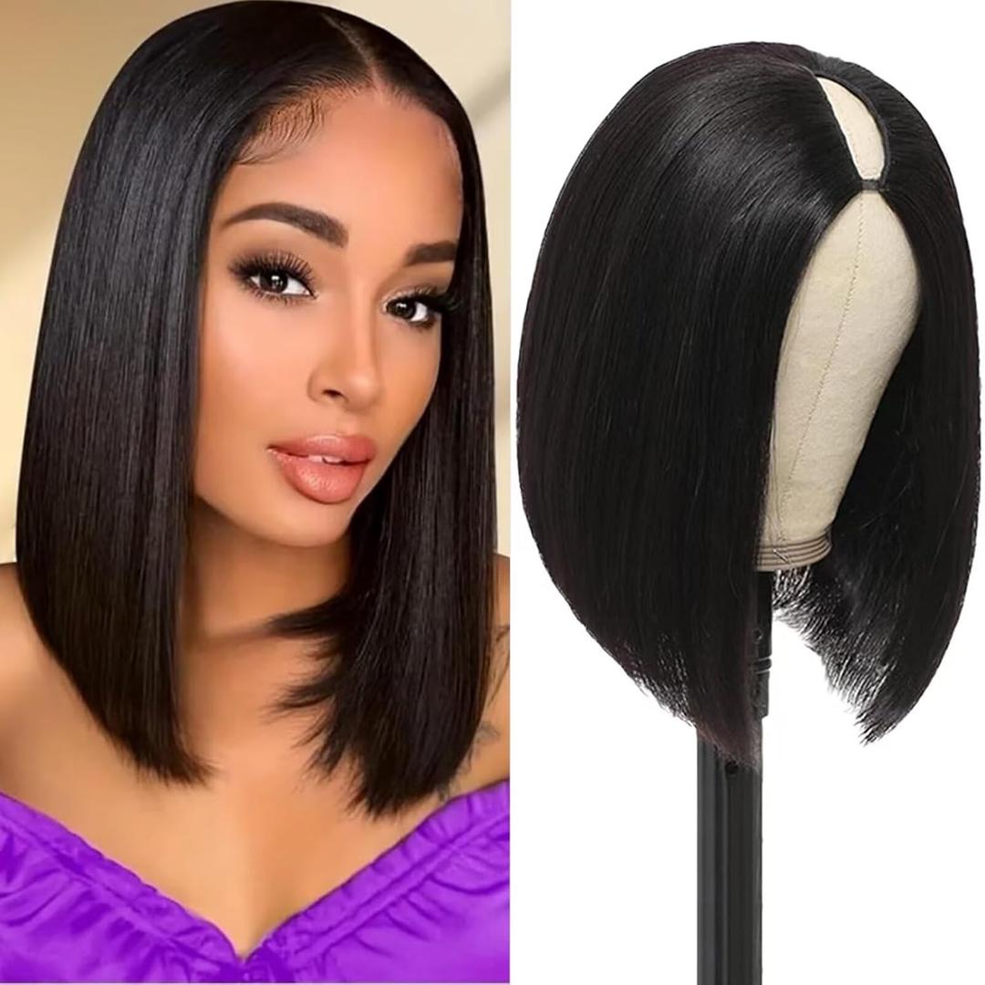 V Part Wig Human Hair Bob Glueless Wigs Human Hair Clip In Upgrade U Part Human Hair Wig with Drawstring Beginner Friendly Natural Black 10inch
