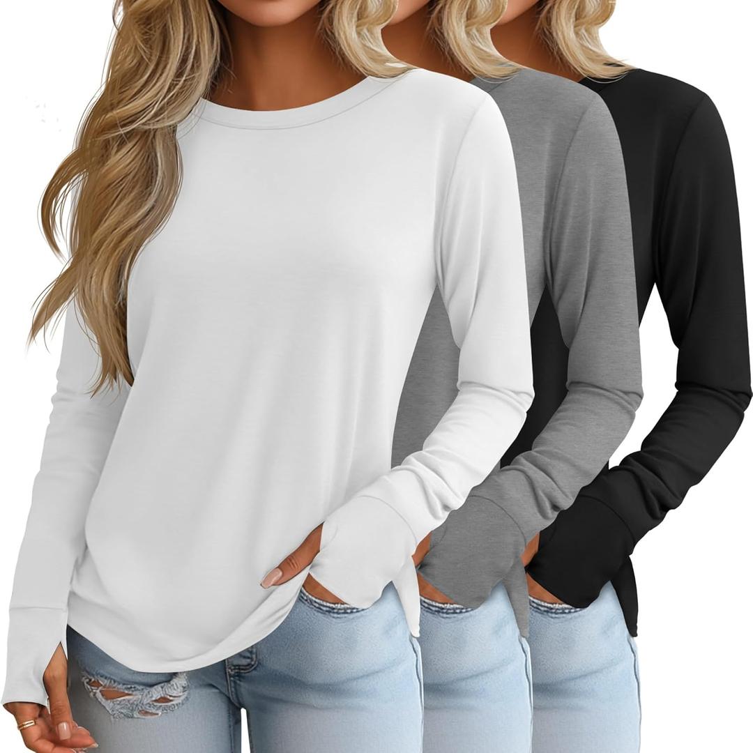 Huukeay 3 Pack Women's Long Sleeve Shirts with Thumb Holes, Cotton Casual Crew Neck Tunic Tops Fall Loose Y2k Trendy Outfits (X-Large, Black, Grey, White)