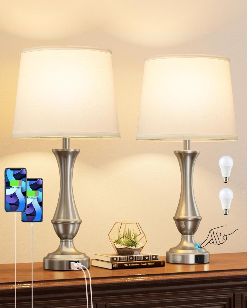 Seealle Upgraded Touch Lamps for Night Stands Set of 2 - Bedside Lamps with USB C+A, 3 Way Dimmable for Bedroom Living Room End Tables Office (White&Nickel)