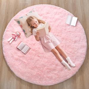 Pink Round Rug for Bedroom, 4Ft Fluffy Circle Area Rugs for Living Room, Shag Fuzzy Carpet for Kids Room, Nursery, Dorm, Classroom, Teen, Cute Baby Play Mat Home Decor Aesthetic