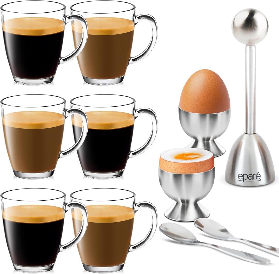 Epar Bundle: Clear Glass Coffee Mugs Set of 6 - Glass Mugs for Hot Beverages - Durable Clear Coffee Cups - Tempered Glass Coffee Cup