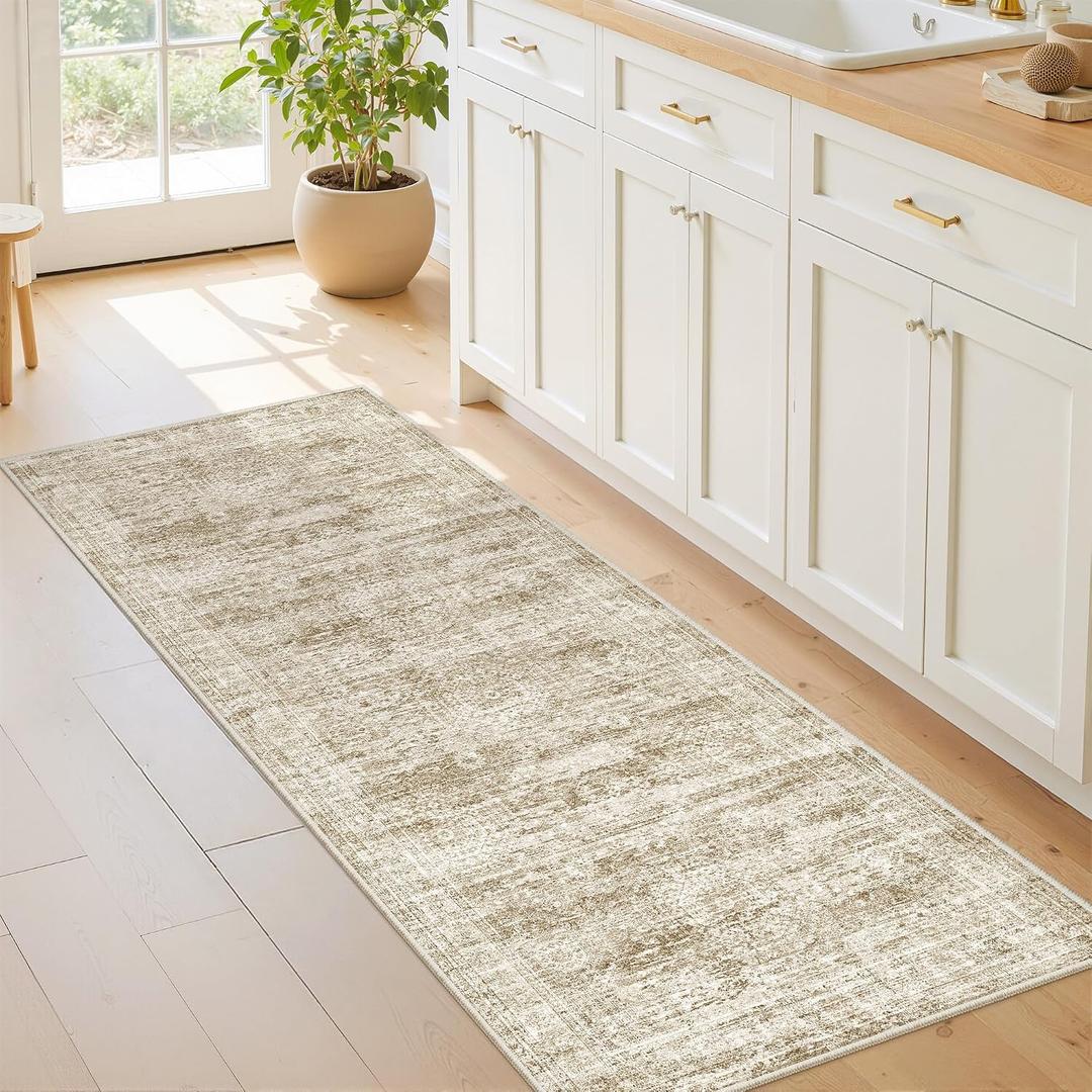 2x5 Rug Runner Washable for Entryway, Soft Bathroom Rugs with Non-Slip Backing, Abstract Low Pile Hallway Runner, Vintage Small Kitchen Carpet for Stair, Laundry Room(2'x5', Brown/Ivory)
