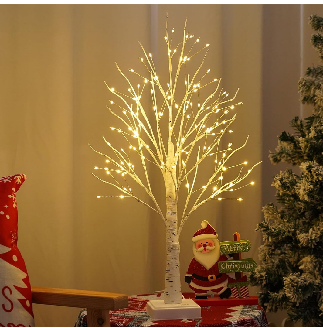 LED Artificial Lamp with Timer, DIY Birch Tree with Lights, USB/Battery Powered, Fairy Light Spirit Tree for Table Home Wedding Bedroom Christmas (Warm White)