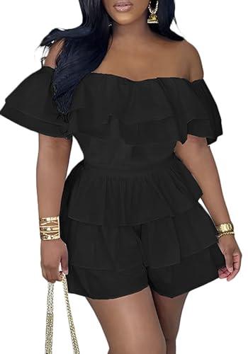 Geulis Womens Boho off Shoulder Rompers Summer Ruffle Dresses Short Sleeve Tiered Short Jumpsuits Size M