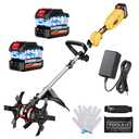 Protmex Cordless Tiller Cultivator, 21V 450RPM Electric Tiller with Battery Level Display, 2 * 4.0Ah Batteries & Charger, Tiller for Gardening, Lawn