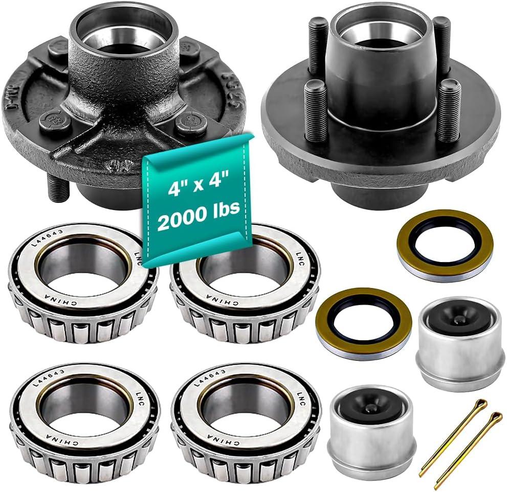 4 on 4 Trailer Hub Kit for 2000 lbs Axle, Fits 1" Trailer Axle, 4x4 Trailer Idler Hub Kit with Extra Cap & Rubber Plug,L44643 Bearing only fits 2000lbs