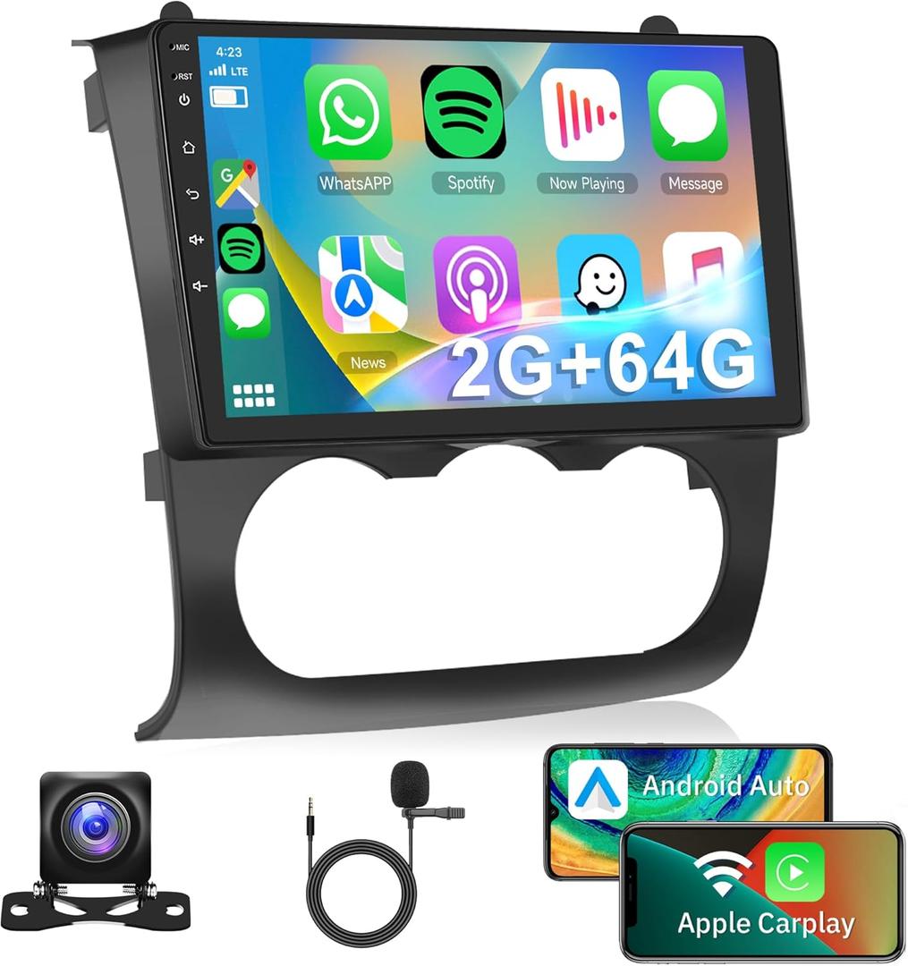 2+64G Android Car Radio Stereo for Nissan Altima Teana 2008 2009 2010 2011 2012 Wireless Carplay Android Auto, 9 Touchscreen Head Unit with Mirror Link WiFi GPS Bluetooth FM RDS EQ Backup Camera SWC