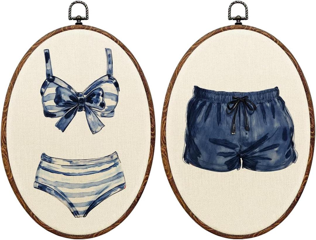 Blue White Painted Swimsuits Lake House Beach House Framed Wall Art Wall Decor Vintage Cottagecore Hanging Prints Beachy Coastal Decor for Home Farmhouse Bedroom Living Room Bathroom 9.4X13,2PC