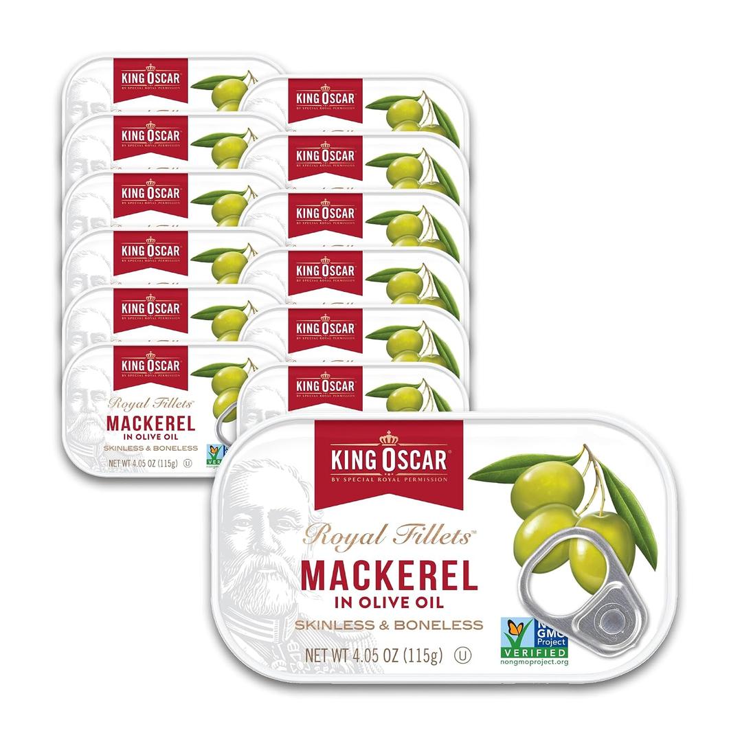King Oscar Mackerel in Olive Oil, 4.05 Ounce Can (Pack of 12, Packaging May Vary), Skinless & Boneless, Wild Caught Canned Mackerel (EXP 05/08/31)