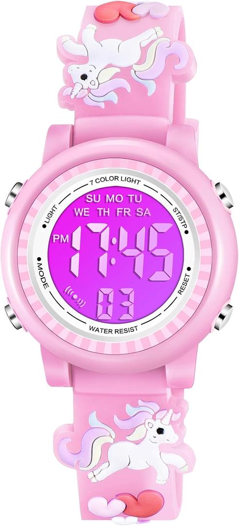 Venhoo Kids Watches 3D Cartoon Waterproof 7 Color Lights Toddler Wrist Digital Watch with Alarm Stopwatch for 3-10 Year Girls Little Child (Pink)