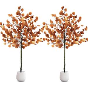 Lunmon 2 Pack Eucalyptus Artificial Tree, 4ft Faux Fall Tree with Spike, Christmas Decorations for Home Porch, Realistic Leaves Plant Decor for Outdoor Indoor,Without Vase