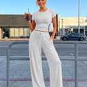 Trendy Queen 2 Piece Matching Summer Lounge Set Womens Side Ruching Top Wide Leg Pants Sets with Pockets (Gray, L)