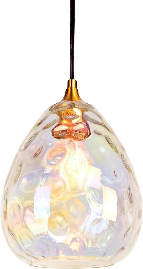 Gold Pendant Lighting with Stained Hammered Glass Shade, 1-Light Art Deco Hanging Lamp for Kitchen Island, Dining Room, Bedroom (Colorful Glass Shade)