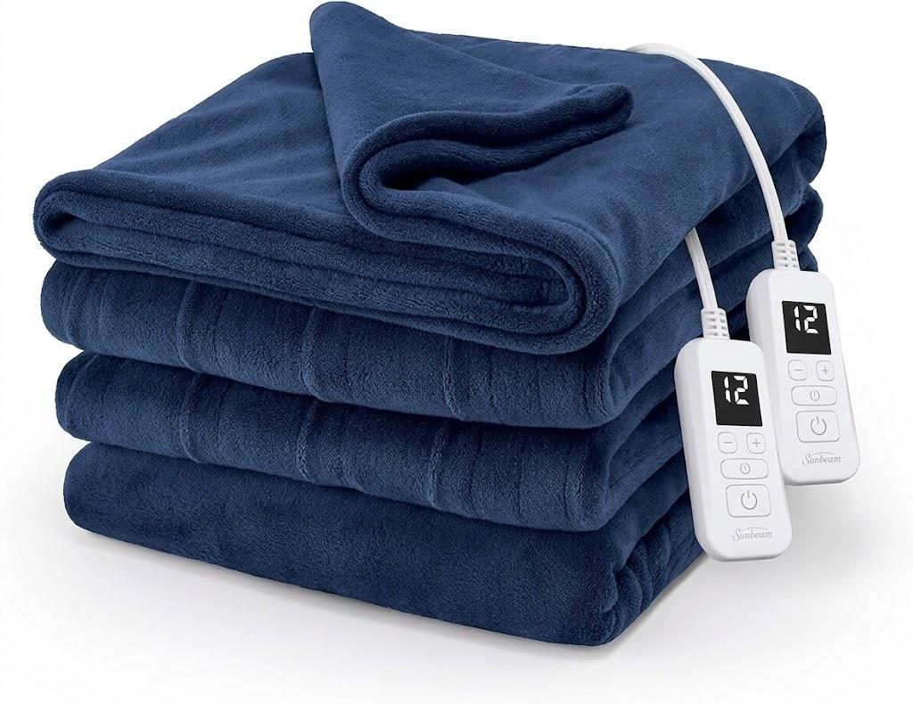Sunbeam Electric Royal Luxe Microplush Heated Blanket, 12 Heat Settings, 12-Hour Auto Shut-Off, Fast Heating, Warm and Cozy, Navy Blue,Queen (84" x 90")