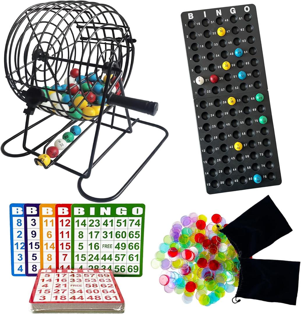 SEETOOOGAMES Deluxe Bingo Game Set - 8 Inch Metal Cage, 50 Paper Cards, 300 Colorful Clear Chips, Bingo Balls and Plastic Master Board, Great for Adults Large Groups, Familiy Games Nights Parties