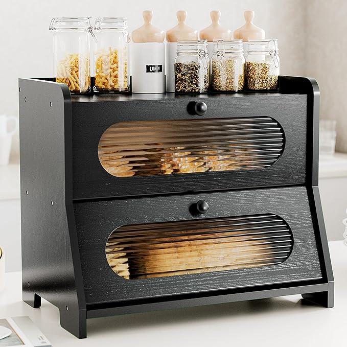Stylstoreazy Bread Box for Kitchen Countertop, Double Layer Large Capacity Bamboo Bread Storage Container with Acrylic Wavy Door Panel for Kitchen Counter, Cabinet, Pantry(Black)