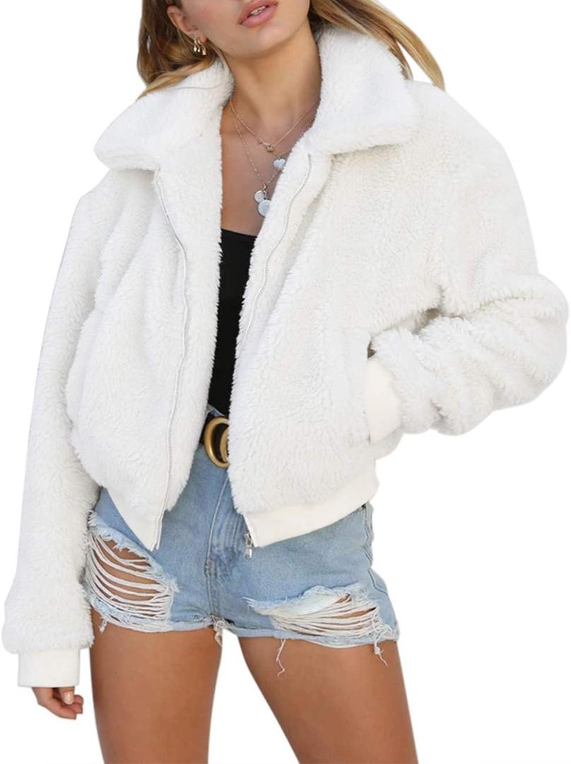 AKEWEI Women's Short Faux Fur Coat Casual Shaggy Jacket with Pockets Warm Winter Zip-Up Fluffy Outwear (Large, White)