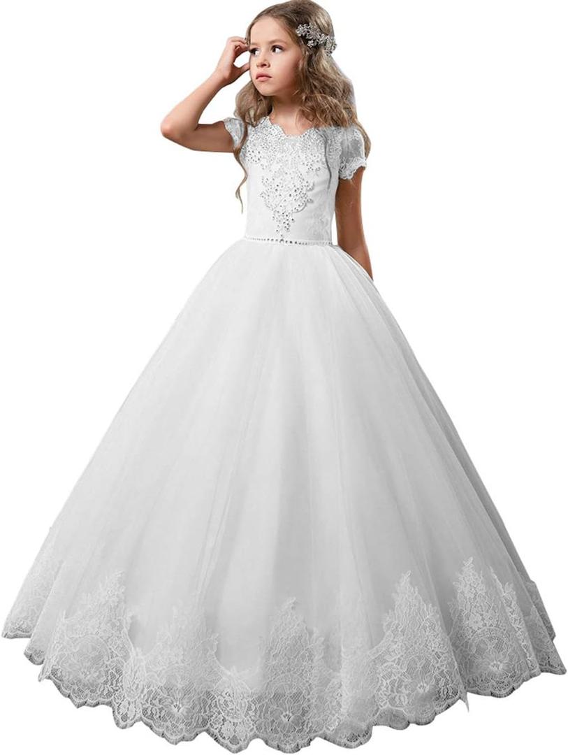 Flower Girl Dress Kids Lace Beaded Pageant Ball Gowns, White, Size 6-7