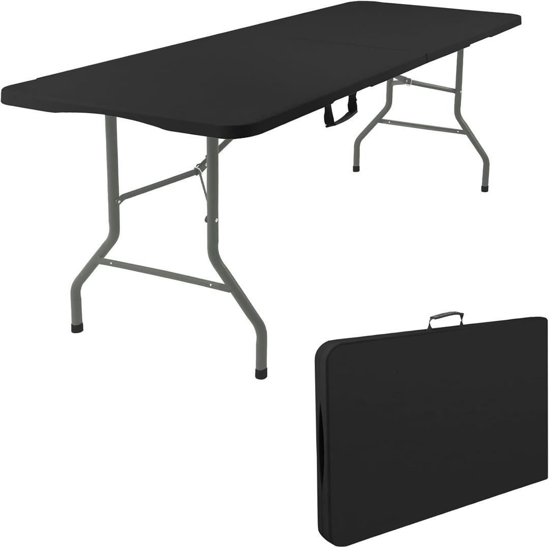 Fivenl 2 Pack 6 Feet Portable Folding Table Black, Steel Legs Fold-in-Half with Carrying Handle Rectangular Plastic Foldable Table for Party, Wedding, Camping, Picnic, Dining, Indoor Outdoor Events
