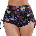 Halcurt Women's High Waisted Swim Board Shorts Tummy Control Side Tie Adjustable Tankini Swimsuit Bottoms (X-Large, Black Floral)
