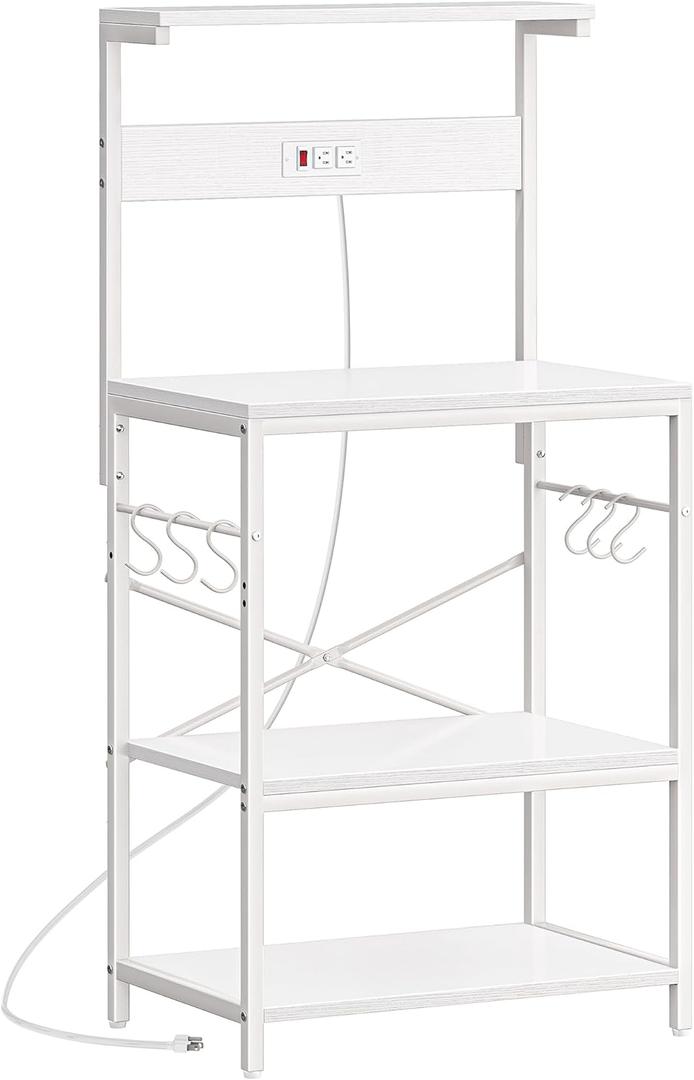 SUPERJARE Kitchen Bakers Rack with Power Outlet, Coffee Bar Table 4 Tiers, Kitchen Microwave Stand with 6 S-Shaped Hooks, Storage Shelf Rack for Spices, Pots and Pans - White (23.6 inch)