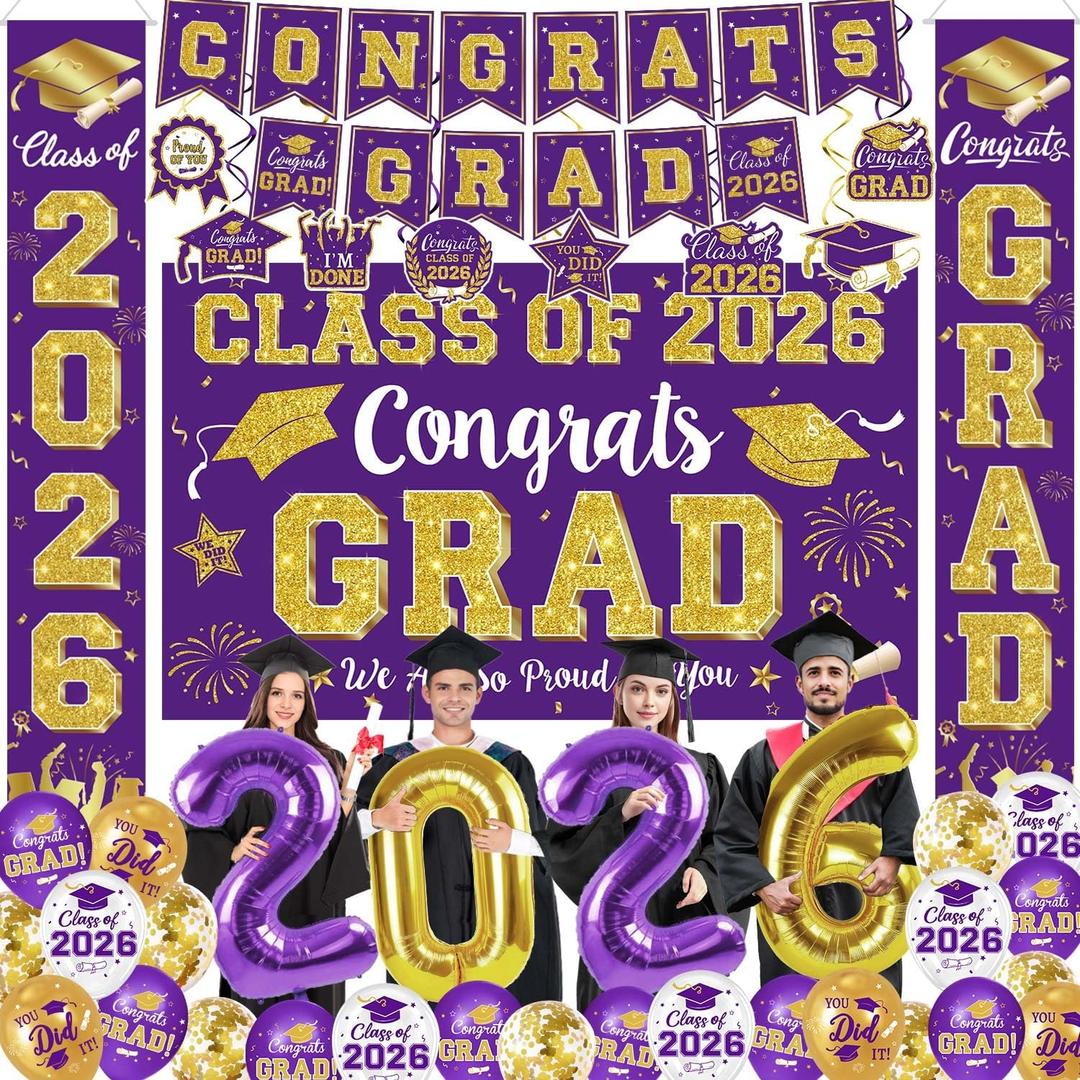 Graduation Decorations Class of 2026, Purple and Gold Graduation Decorations Include Grad Backdrop, Banner, Hanging Swirls, Porch Sign, Balloons for Congrats Grad Party Supplies