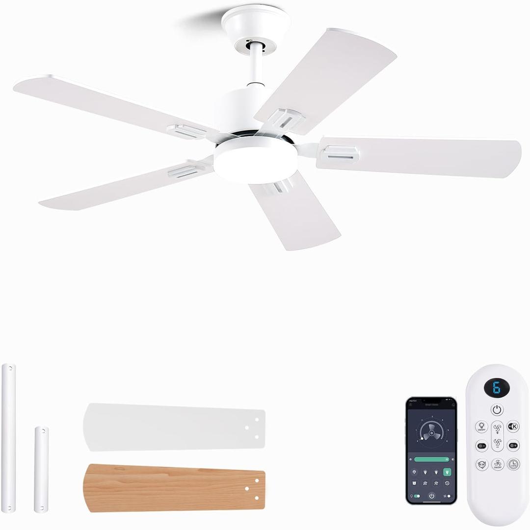 FUMLTP 42 inch Modern White Ceiling Fans with Lights APP/ Remote Control, Low Profile Reversible 6 Speeds Ceiling Fan Light for Indoor/ Outdoor Patio Bedroom Living Room