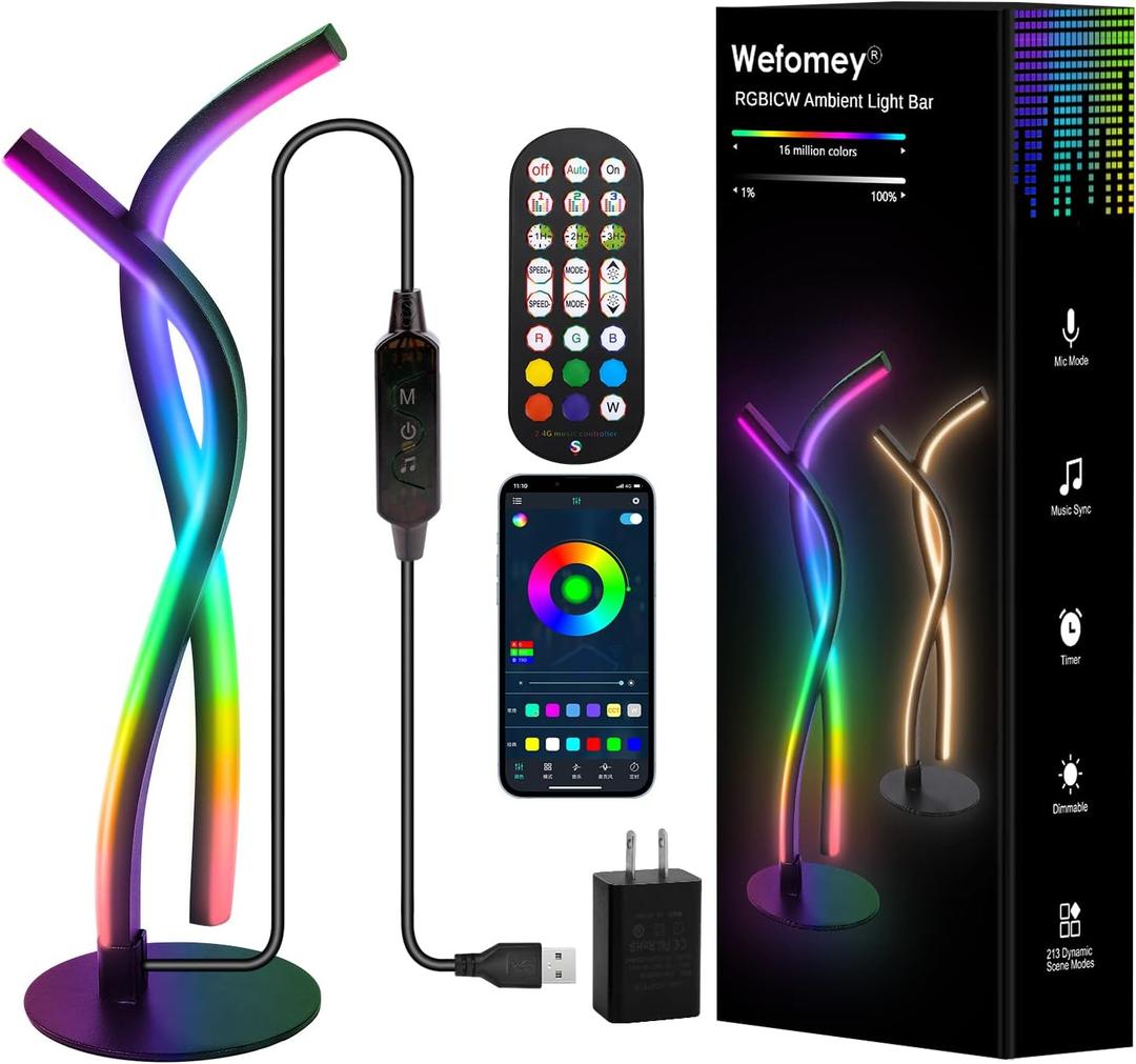 LED Table Lamp, Modern Bedside Table Light, RGBW Warm White Multicolor Changing Dimmable Nightstand Lamp with Smart App Control and Remote, 5V USB Desk Lamp for Bedroom Living Room & Offi