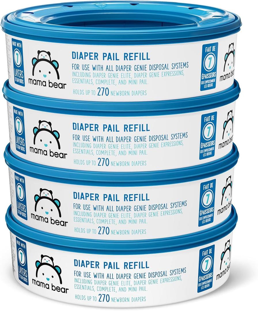 Amazon Brand - Mama Bear Diaper Pail Refills for Diaper Genie Pails, Unscented, 1080 Count (4 Packs of 270 Count) (270 Count (Pack of 4))